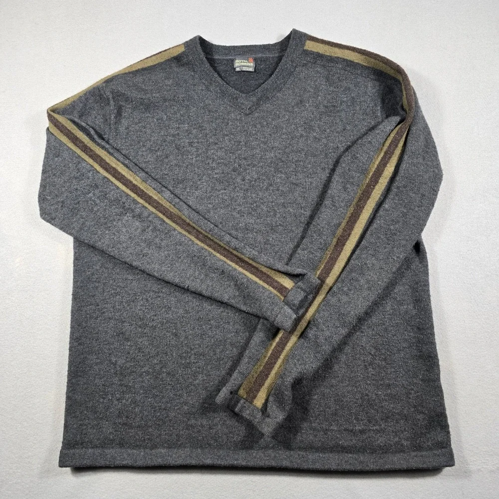 Royal Robbins Mens XL Gray Sweater V-Neck Wool Blend Striped Sleeve ROY-S26